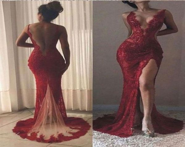 

burgundy lace bare back evening dresses side split deep v neck spaghetti straps slim prom dresses formal party gowns1807814, Black;red
