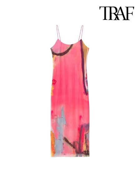 

urban dresses traf women fashion with lining printed midi dress vintage o neck thin straps female vestidos mujer 230719, White;black