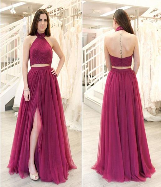 

burgundy two piece prom dresses high neck halter beading tulle split side floor length backless prom dresses homecoming dress5309197, Black