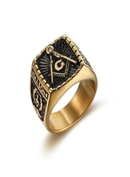 

punk 316l stainless steel god color masonic mason retro rock hip hop finger ring for men fashion jewelry8376436, Golden;silver