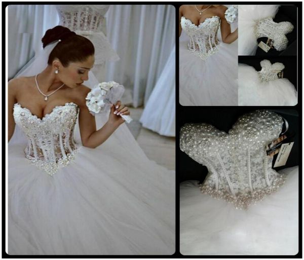 

2020 luxurious bling sweetheart wedding dresses corset bodice sheer bridal ball pearl beadstulle wedding gowns vestido de noiva9489529, White