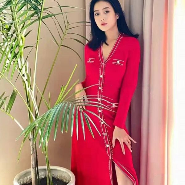 

sandro v-neck knitted slim long dress red, Black;gray