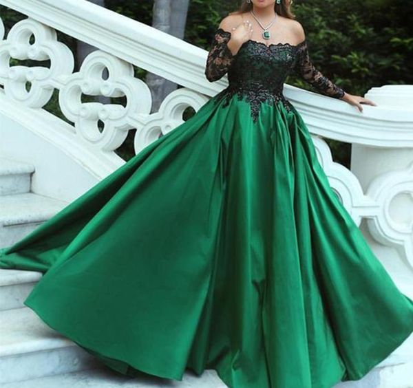 

green evening dresses off the shoulder lace appliques long transparent sleeve satin ball gown floor length evening gowns vestidos 1471156, Black;red
