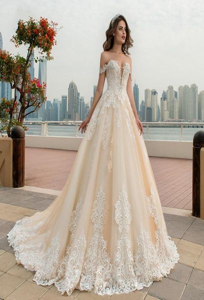 

vintage off the shoulder a line lace wedding dresses applique beading lace up champagne bride dress chapel train bridal gown plus 1220423, White