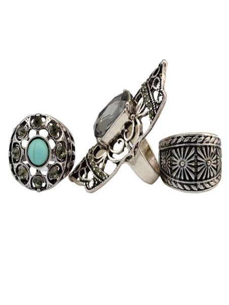 

3pcsset fashion vintage silver bronze turquoise joint knuckle nail crystal rhinestone midi ring set jewelry for women7417069, Golden;silver