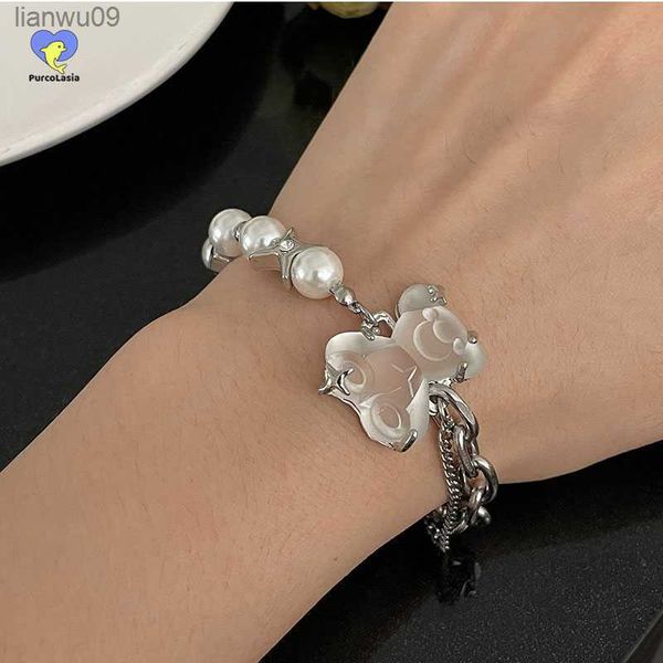

girl cute resin bear bracelet w pearl star rays design stainless steel bangle hand chain accessories for women jewelry gift l230704, Black