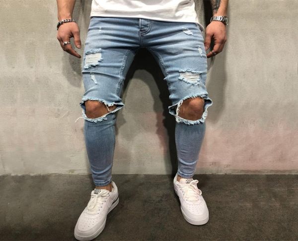 

stretch men knee ripped skinny jeans urban clothing punk korean blue black denim designer distressed joggers pants9056993