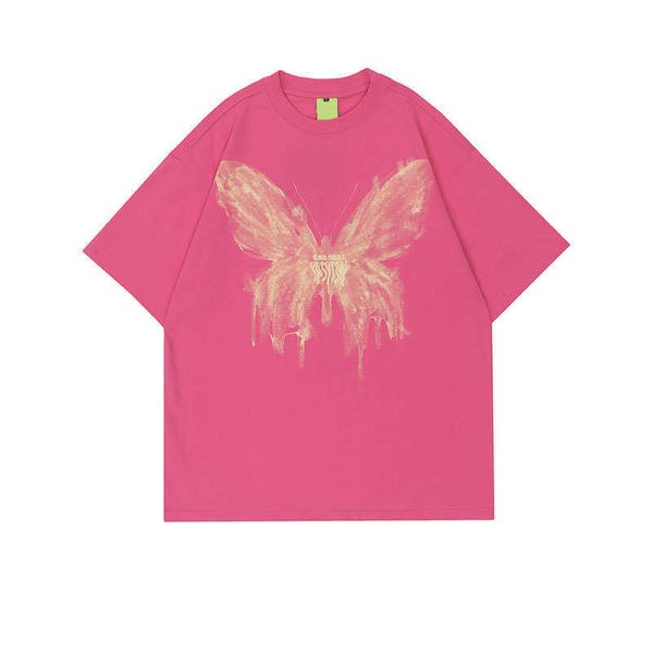 

qilin clothing design sense butterfly print oversize american street small loose couple ins short sleeve t-shirt, White;black