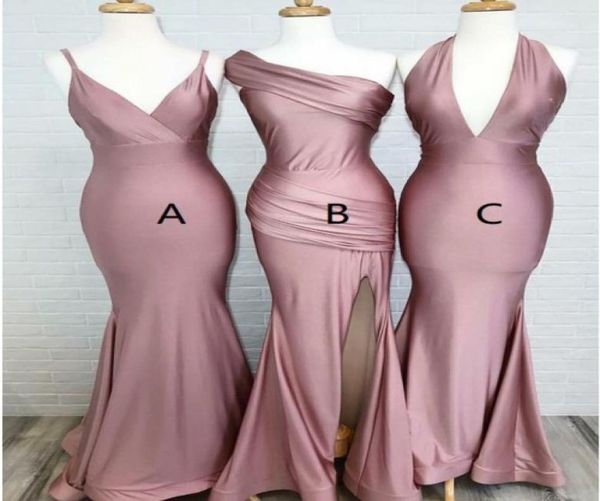 

2022 real po fashion dusty rose long bridesmaid dresses mermaid high slit v neck halter one shoulder wedding party prom formal 6056001, White;pink