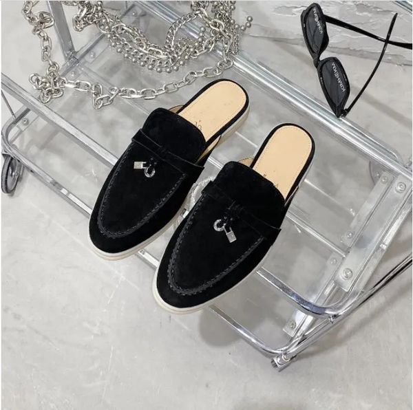 

women men dress shoes casual slippers for womens fashion sandals cashmere loafers shoes high elastic beef tendon bottom flat slides slipper, Black