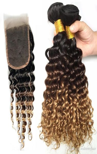 

1b 4 27 ombre hair with closure brazilian virgin hair deep wave 3 bundles with lace closure 100 unprocessed deep curly human hair1923267, Black;brown