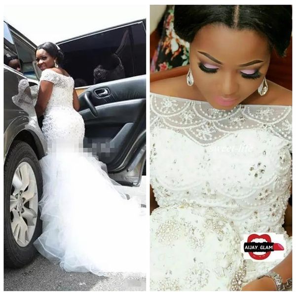 

2019 bateau short sleeves mermaid wedding dresses crystal beaded slim tulle formal bridal gowns custom online vestidos de mariee248c, White