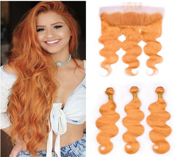 

body wave orange lace frontal with bundles brazilian virgin human hair weaves with 13x4 lace frontal closure orange straight front4074003, Black