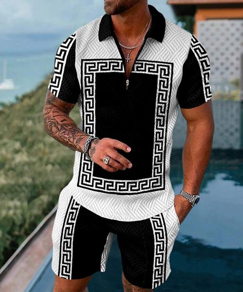 

men's tracksuits summer men polo shirt short sleeve 3d printed luxury retro polo set shirts trun down collar tracksuit casual suit 2 pi, Gray