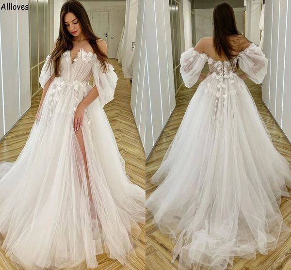 

romantic pleated tulle a line wedding dresses 3d flowers puff short sleeves boho country bridal gowns plus size maternity sweep train bride, White
