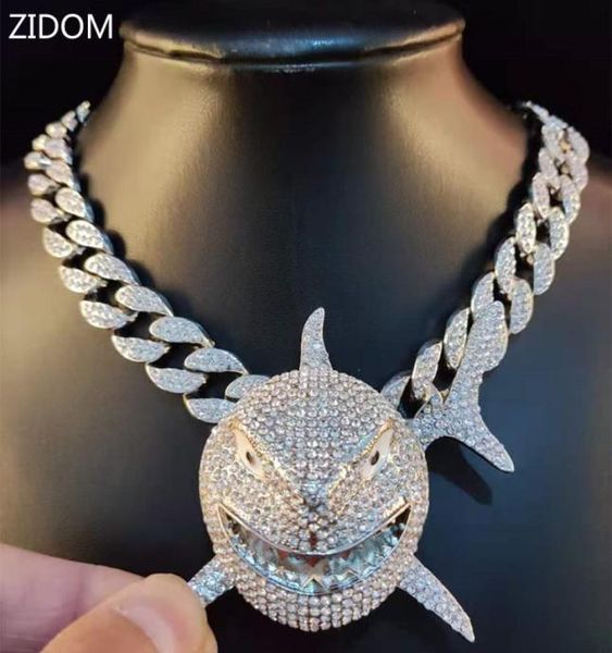 

big size shark pendant necklace for men 6ix9ine hip hop bling jewelry with iced out crystal miami cuban chain fashion jewelry 21033396421, Silver