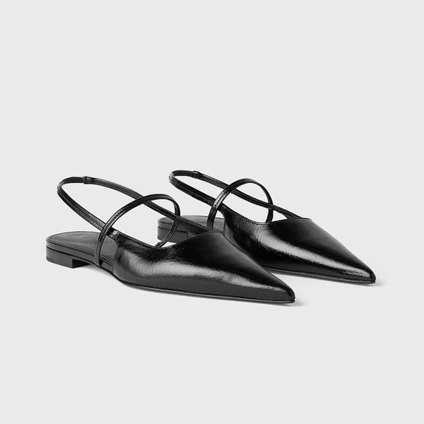 

pure original toteme black cowhide cracked lacquer leather pointed fashion sandals with low heel baotou women's shoes