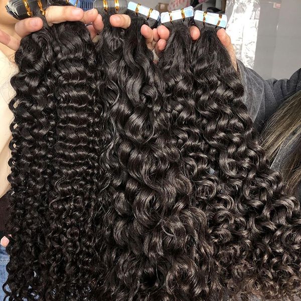 

deep curly tape in hair extensions human hair unprocessed brazilian malaysian indian virgin hair natural black color