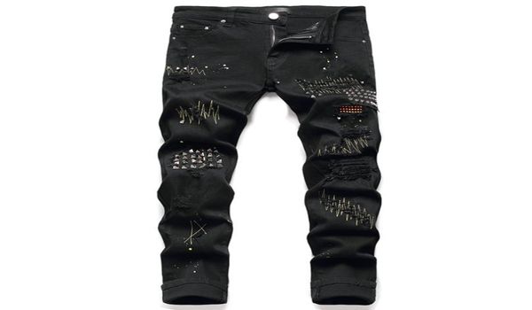 

black rivets men039s jeans stretch ripped paint denim pants fashion slim embroidery trousers punk style male clothing pantalone6322995, Blue