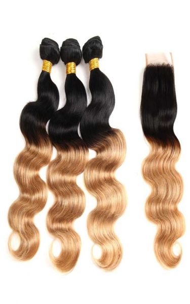 

colored brazilian hair 3 bundles with 44 lace closure body wave 1b 27 ombre blonde human hair weaves extension selling items1651574, Black