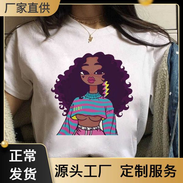 

2020 curly girl blackgirl cartoon short sleeve t-shirt women's t-shirt, White