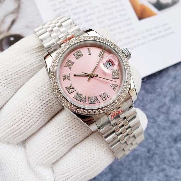

Men's Automatic Mechanical Diamond Designer Classic 36.9MM 904L Sier Band Pink Face All Stainless Steel Dial Sapphire Waterproof Watch Montre De Luxe, Color1