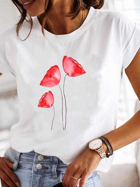 

colorful plant flower print pattern women's t-shirt new short sleeve t-shirt, White