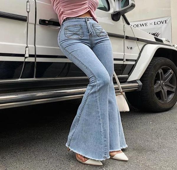 

women039s jeans sky blue high waisted elastic skinny fashionable and versatile long slim flared pants splicing cut11385444
