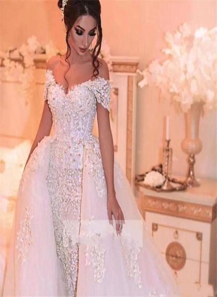 

2021 luxury arabic wedding dresses with detachable skirt appliques beaded pearls dubai wedding dress plus size bridal gowns robe d6673292, White
