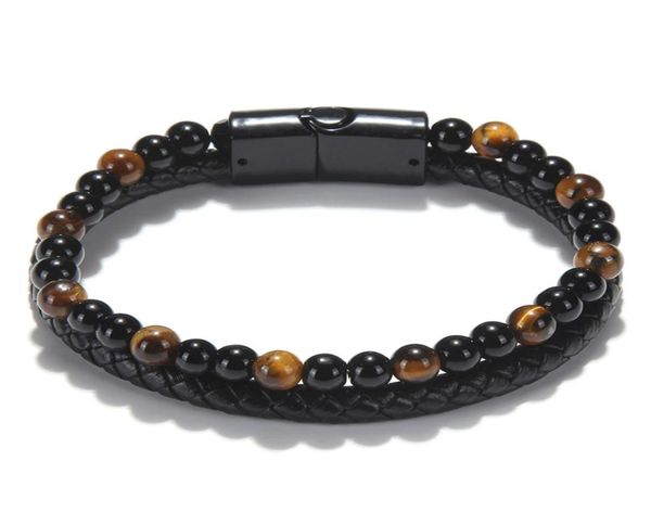 

mens natural stone multi layered leather bracelets for women tiger eye lava rock beads chains bangle fashion magnetic buckle jewel6986033, Black