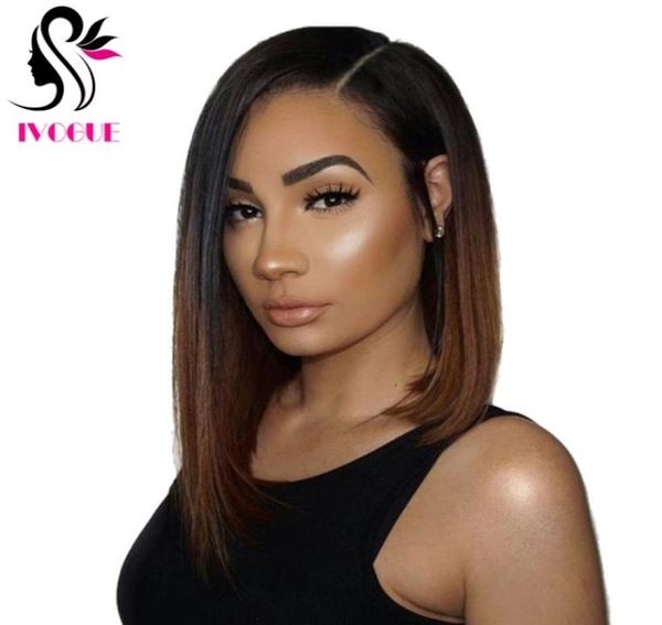 

brown ombre human hair full lace wig virgin indian hair asymmetrical short bob lace front wig for africa america women7746503, Black;brown
