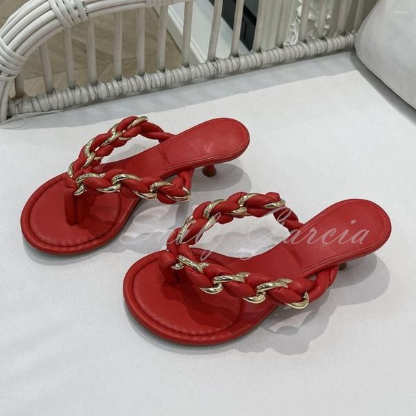 

slippers chain woven round toe flip flop women leather kitten heel party dress shoes ladies slip on solid color med, Black