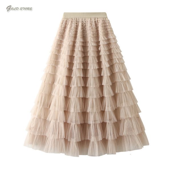 

skirts jupe femme ete 2023 spring party skirt elastic high waist long tulle women multilayer ruffles pink mesh tutu ladies 230720, Black
