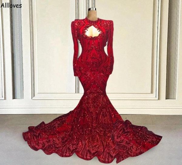 

gorgeous red sequined lace mermaid evening dresses with long sleeves hollow neck dubai arabic turkey prom party gowns trumpet6956367, Black;red