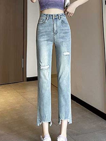 

women s jeans vintage high waisted stretch with frayed edges and straight cropped pants 2023 fashionable women s clothing 230720, Blue