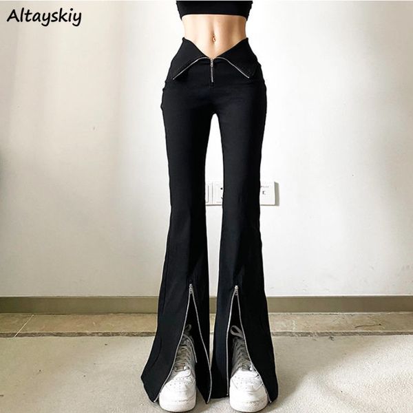 

women s pants s black flare women zipper skinny y2k streetwear punk casual fashion minimalist chic hipster all match females summer 230719, Black;white