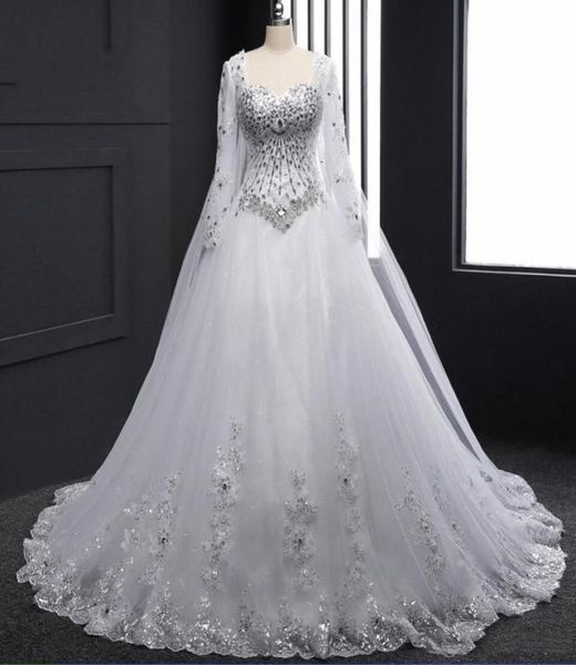 

white organza long sleeve ball gown plus size beach wedding dresses crystal abito da sposa real po wedding gowns with wrap h0323702242