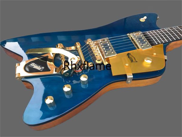 

rhxflame electric guitar binding, thunderbird blue, black, bigsby, tremolo bridge, gold hardware, 6199, young