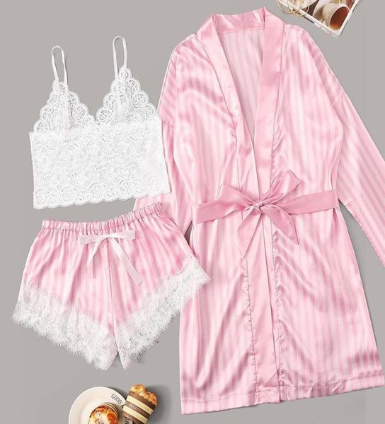 

new 3pcs lingerie women lace satin wireless bra camisole shorts pajamas sleepwear stripe robe female nightwear lenceria a40 v8741690, Red;black