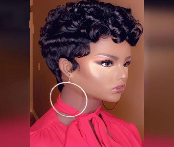 

short curly human hair wig for black women 100 remy brazilian curl glueless pixie cut lace front wig6583859, Black;brown