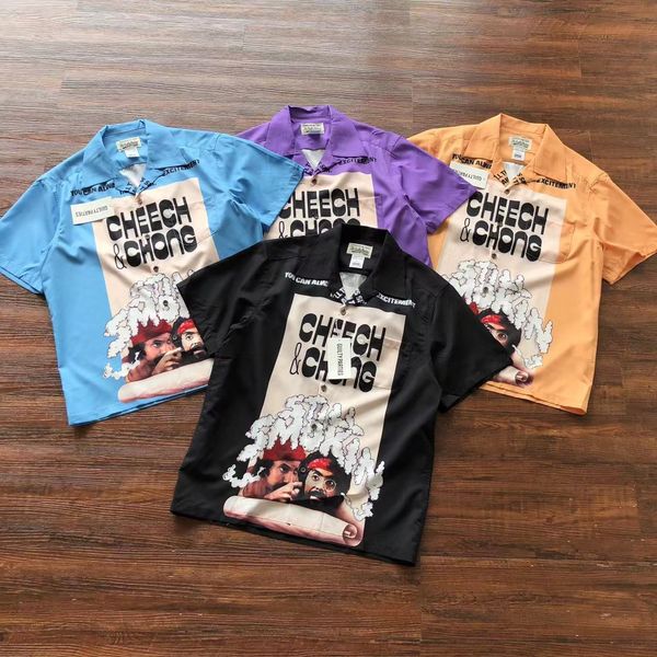 

mens casual shirts cheech chong print wacko maria men women still smoking loose hawaii beach shirt lapel pocket 230720, White;black