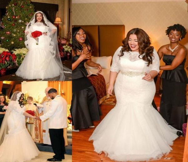 

plus size mermaid wedding dresses 12 sleeves sheer neck beaded sashes lace appliques custom wedding bridal gowns custom made8486711, White