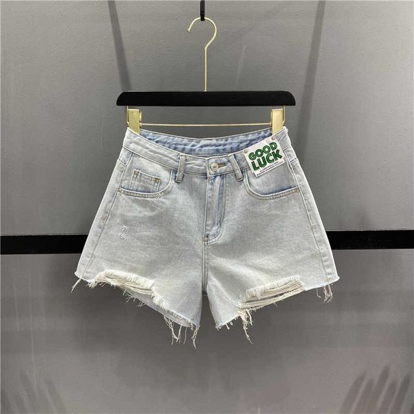 

south korea 2023 summer fashion label versatile slim raglan denim shorts women's slim light wide leg pants trend, Blue