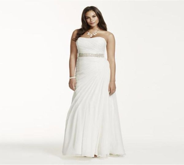 

crinkle chiffon draped plus size wedding dress strapless ruched bodice simple elegant bridal gowns beading sash 9v35407830796, White