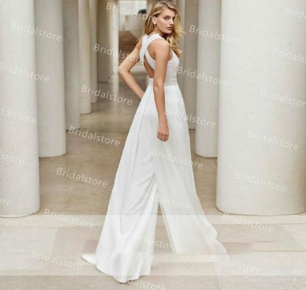 

chic boho jumpsuit wedding dresses 2021 backless white pant chiffon bohemian wedding dress elegant o neck sleeveless country 3473757