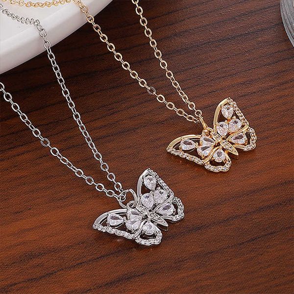 

ins copper inlaid cz zircon hollow butterfly necklace fashion shiny crystal collar gold plated aesthetic pendant chain jewelry accessories f, Silver