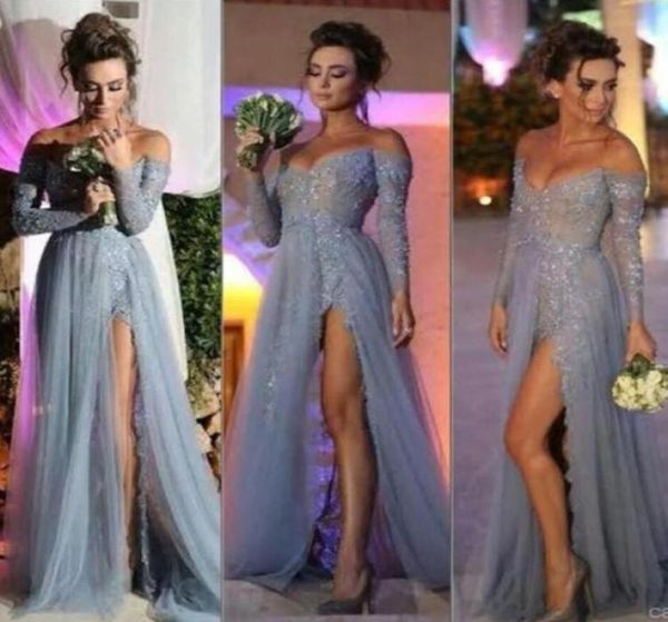 

new fashion long sleeves dresses party evening a line off shoulder high slit vintage lace grey prom dresses long chiffon formal go2374899, Black