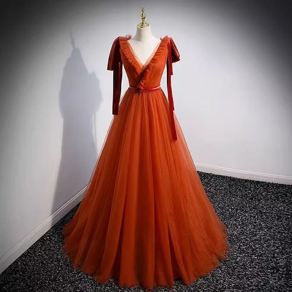 

elegant orange evening dress v-neck soft tulle with velvet long prom gowns, Black;red