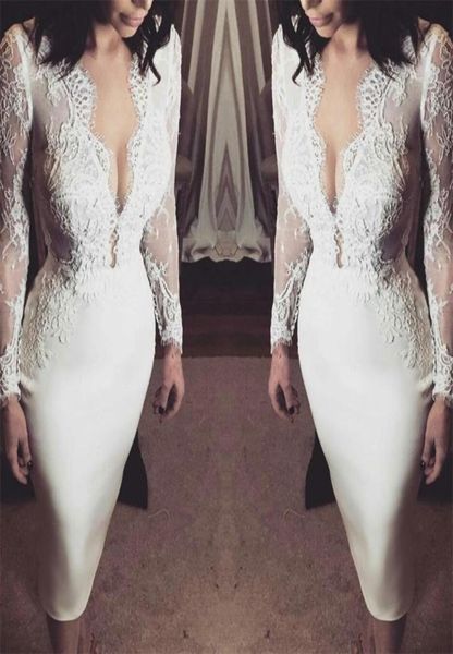 

2021 short mermaid wedding dresses long sleeves lace applique satin scalloped v neck custom made beach wedding gown vestido de nov1811358, White