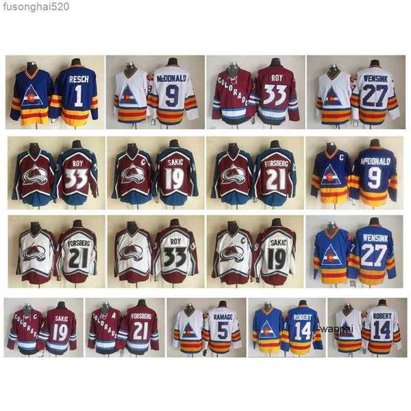 

95 vintage colorado avalanche jersey 1 glenn resch 9 lanny mcdonald 33 patrick roy 19 joe sakic 21 forsberg 14 rene robert wensink retro, Black;red